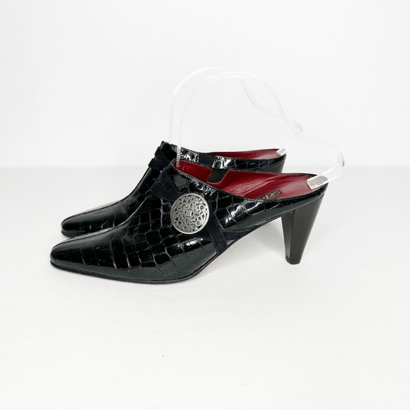 Brighton Romeo Mules Italian Black Patent Leather Kitten Heel Croc embossed 9.5 - Picture 5 of 7